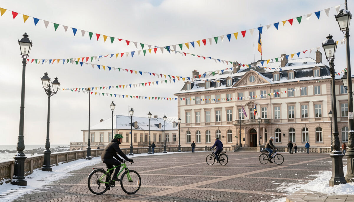 Seaside town square in winter, cyclists passing a grand hotel under bunting strung between lamp posts