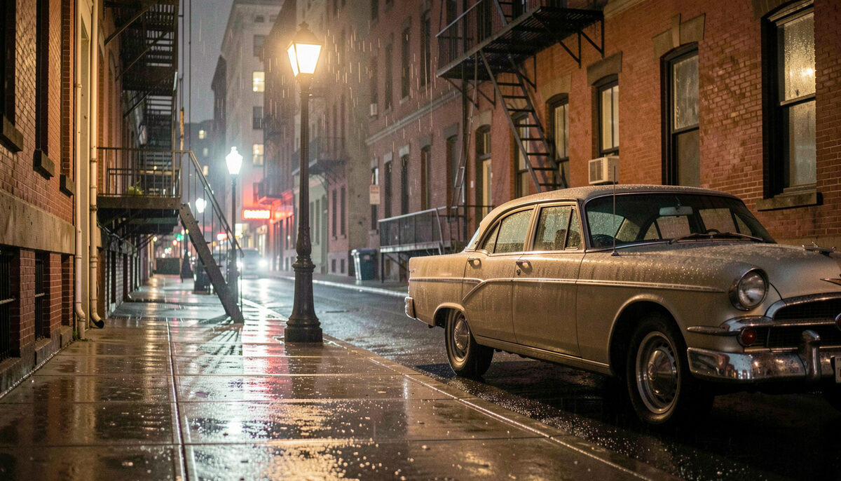 Rain wet city sidewalk at night reflecting a streetlamp beside a parked vintage car and a fire escape