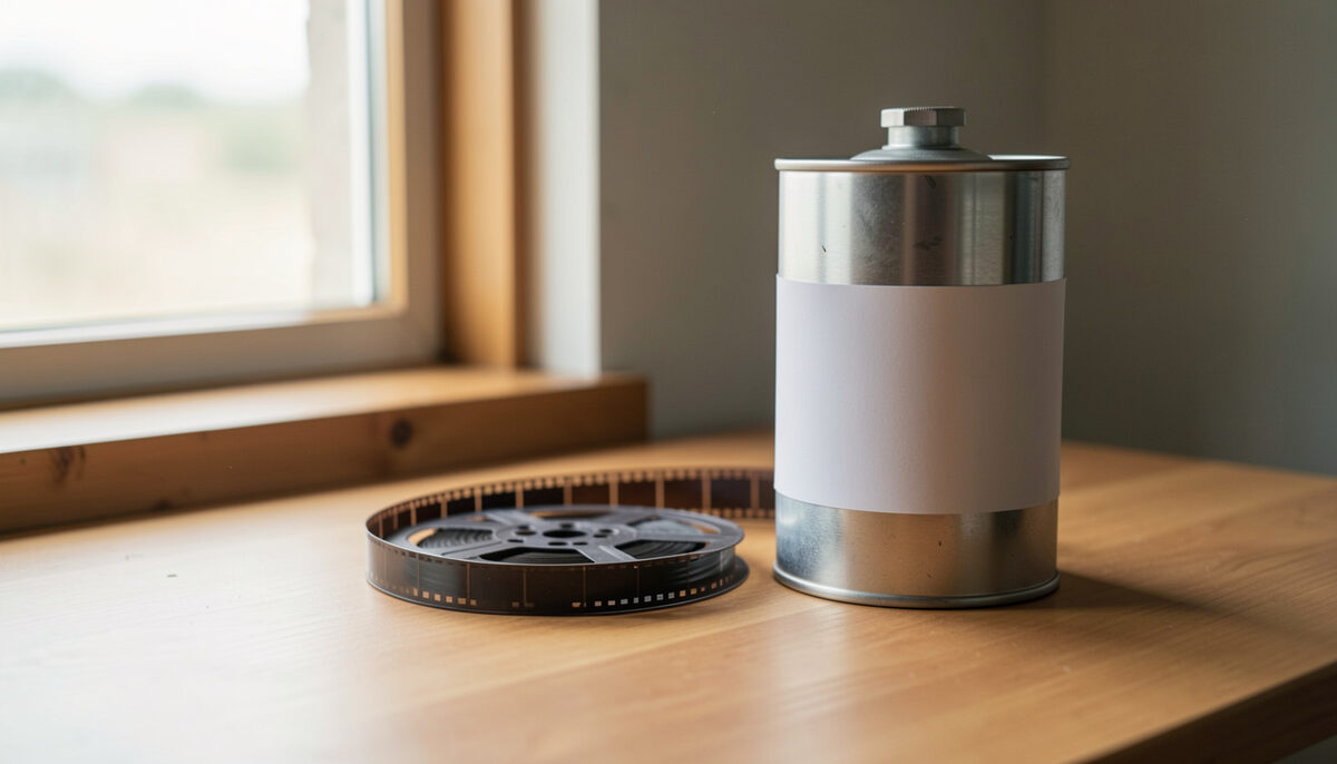 A 35mm film reel and a metal canister with a blank label on a wooden table in a projection booth, soft window light