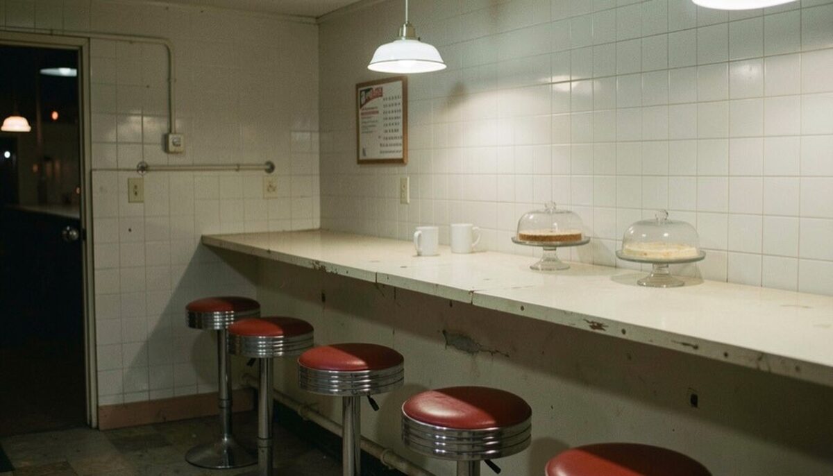 Lunch counter of an old coffee shop late at night, chrome stools with red vinyl seats, two white mugs and covered cake stands on a pale counter against a white tiled wall