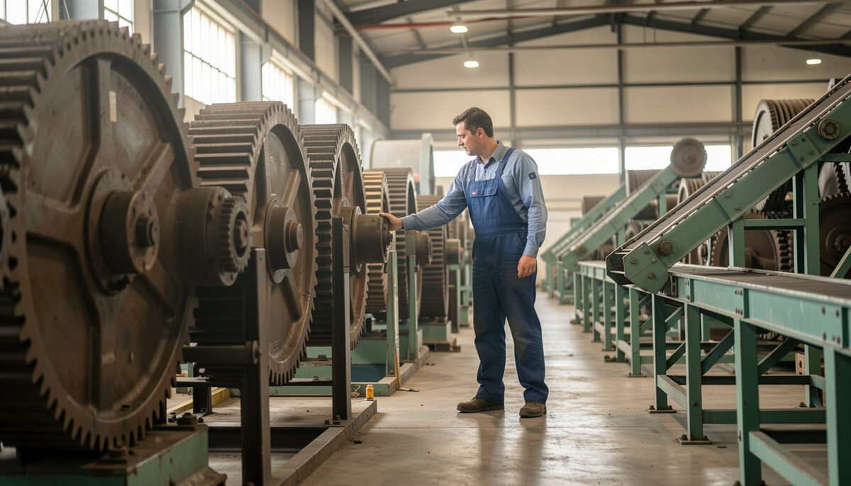 Factory floor with large gears and conveyor belts where a worker in overalls reaches toward the machinery