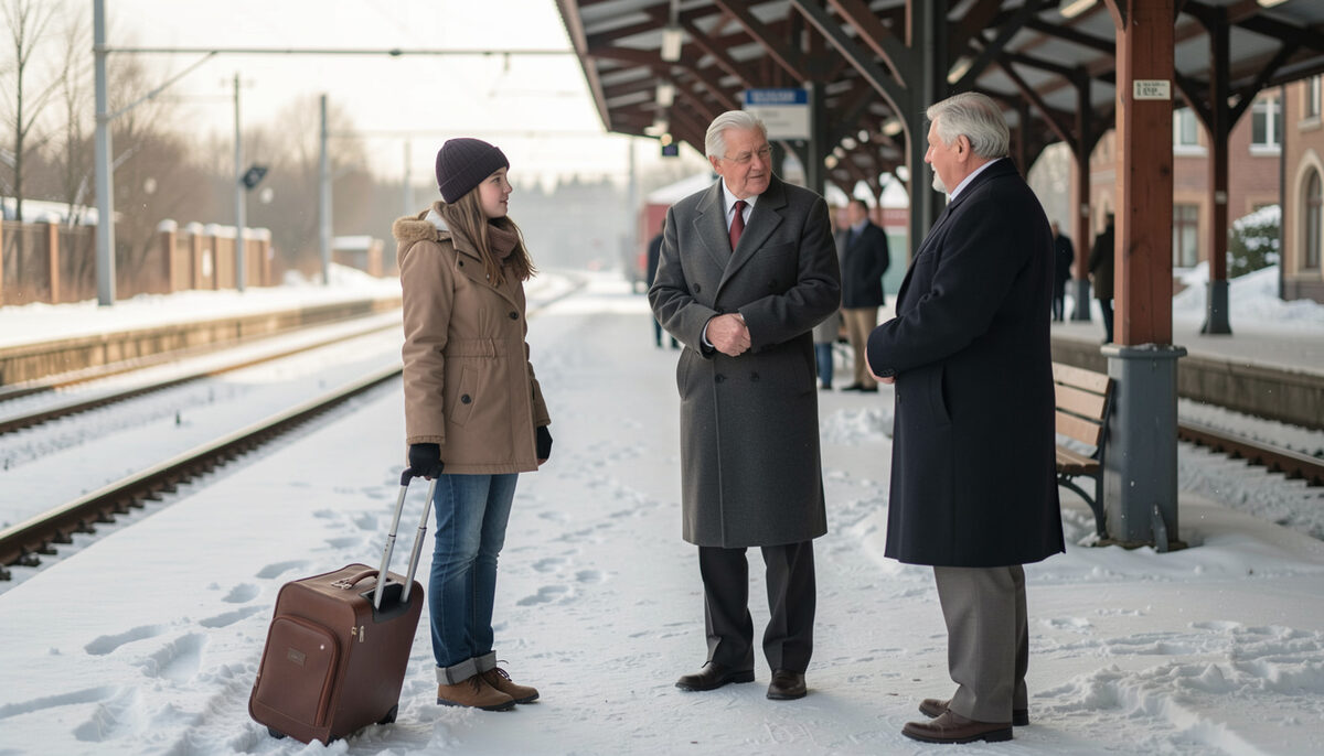 Teenage girl with a suitcase on a snowy train platform beside an older couple saying goodbye