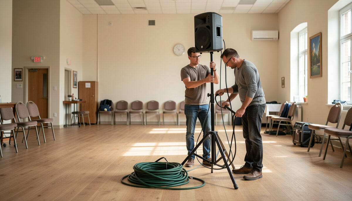 Two volunteers checking a speaker stand and coiling cables in an empty community hall before an evening show