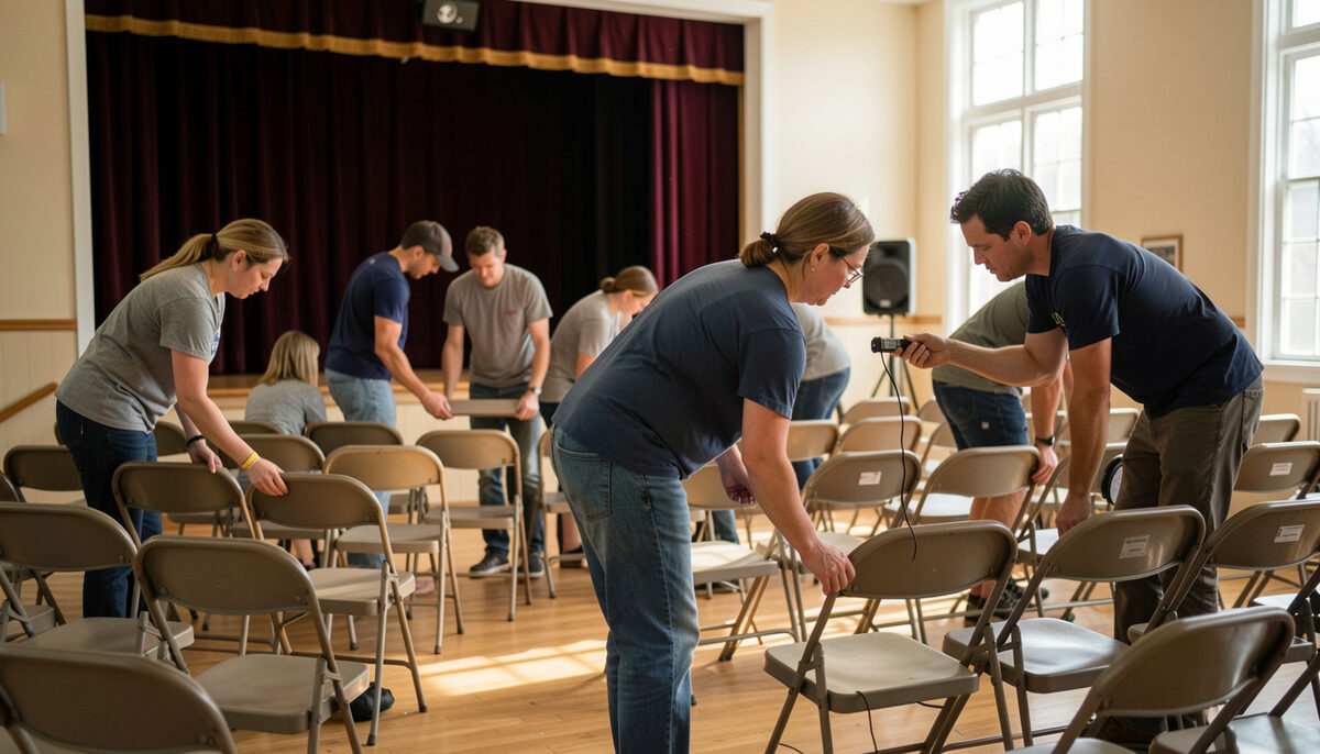 Volunteers arranging folding chairs in a community hall while one tests a portable speaker near the stage